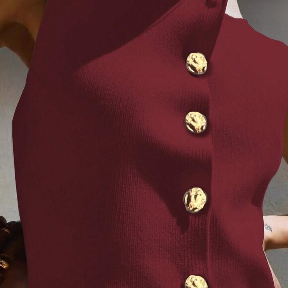 Burgundy Casual Women's Metal Button Open Front Sleeveless Jacket - Picture 1 of 8